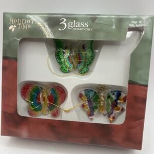 Vtg Holiday Time Glass Butterfly Christmas Ornaments NEW Rainbow Glitter 2"